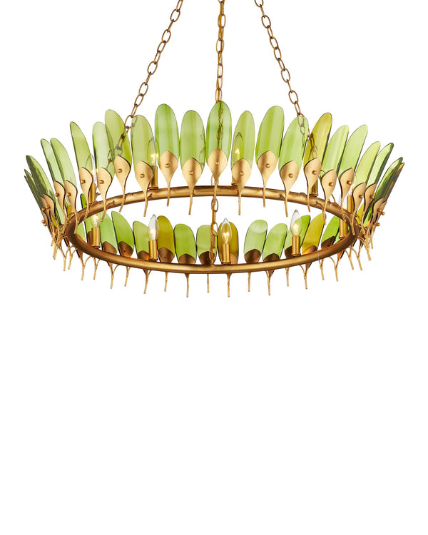 Currey & Company Selavy Gold Leaf Chandelier with Recycled Wine Bottle Glass Feather Drops for Dining Rooms 9000-1337