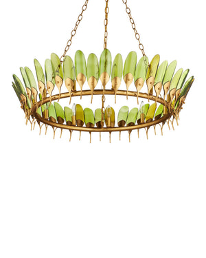 Currey & Company Selavy Gold Leaf Chandelier with Recycled Wine Bottle Glass Feather Drops for Dining Rooms 9000-1337