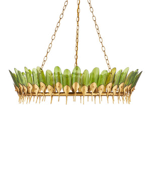Currey & Company Selavy Gold Leaf Chandelier with Recycled Wine Bottle Glass Feather Drops for Dining Rooms 9000-1337