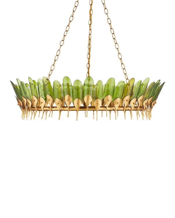 Currey & Company Selavy Gold Leaf Chandelier with Recycled Wine Bottle Glass Feather Drops for Dining Rooms 9000-1337