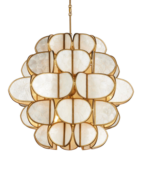 Currey & Company Galatea Capiz Shell Globe Chandelier Brass Iron Frame Sculptural Dining Room Light 9000-1339