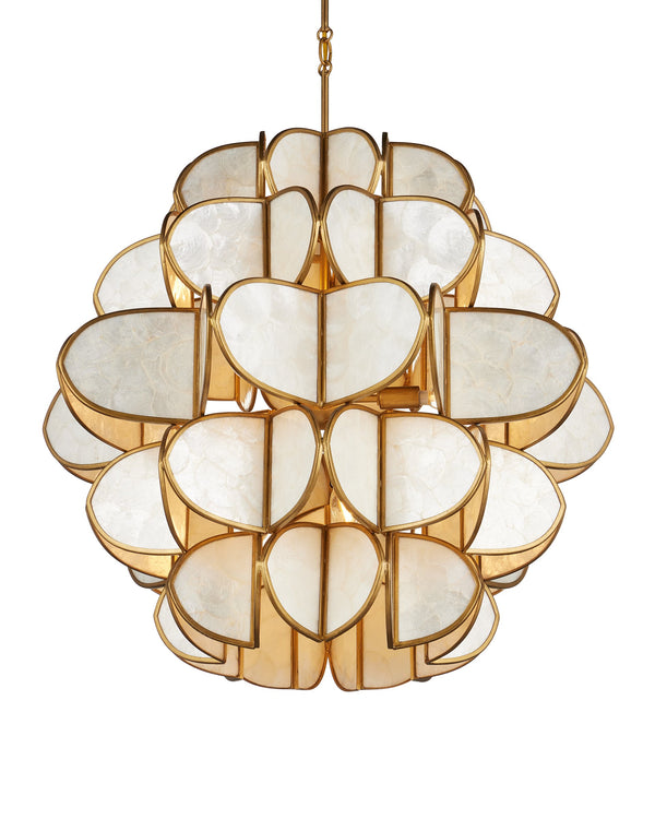 Currey & Company Galatea Capiz Shell Globe Chandelier Brass Iron Frame Sculptural Dining Room Light 9000-1339