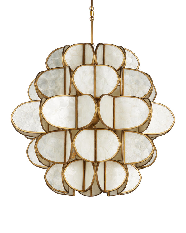 Currey & Company Galatea Capiz Shell Globe Chandelier Brass Iron Frame Sculptural Dining Room Light 9000-1339