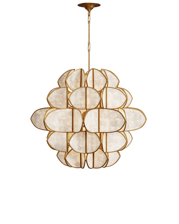 Currey & Company Galatea Capiz Shell Globe Chandelier Brass Iron Frame Sculptural Dining Room Light 9000-1339