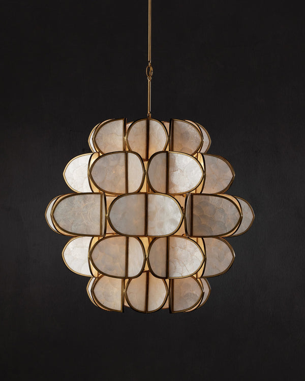 Currey & Company Galatea Capiz Shell Globe Chandelier Brass Iron Frame Sculptural Dining Room Light 9000-1339