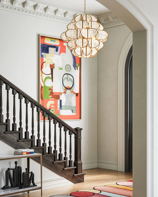 Currey & Company Galatea Capiz Shell Globe Chandelier Brass Iron Frame Sculptural Dining Room Light 9000-1339