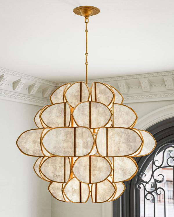 Currey & Company Galatea Capiz Shell Globe Chandelier Brass Iron Frame Sculptural Dining Room Light 9000-1339