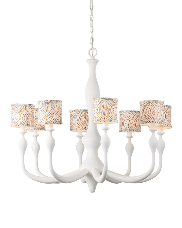 Currey & Company Ludwig Eight Arm Wrought Iron Chandelier Gesso White Sculptural Candelabra for Formal Spaces 9000-1340