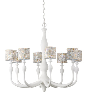 Currey & Company Ludwig Eight Arm Wrought Iron Chandelier Gesso White Sculptural Candelabra for Formal Spaces 9000-1340