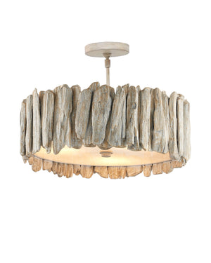 Currey & Company Driftwood Whitewash Semi Flush Mount Coastal Ceiling Light with Wrought Iron Frame 9000-1342