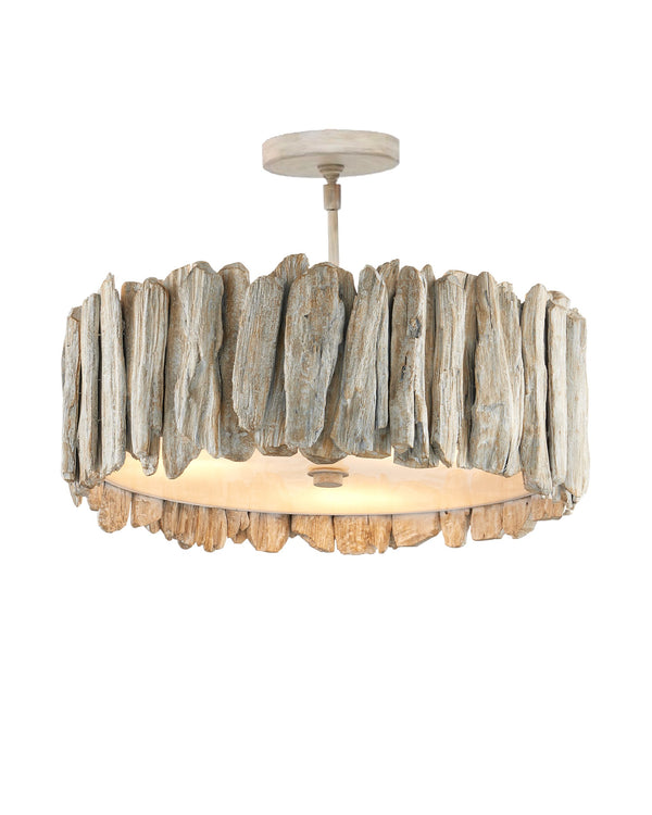 Currey & Company Driftwood Whitewash Semi Flush Mount Coastal Ceiling Light with Wrought Iron Frame 9000-1342