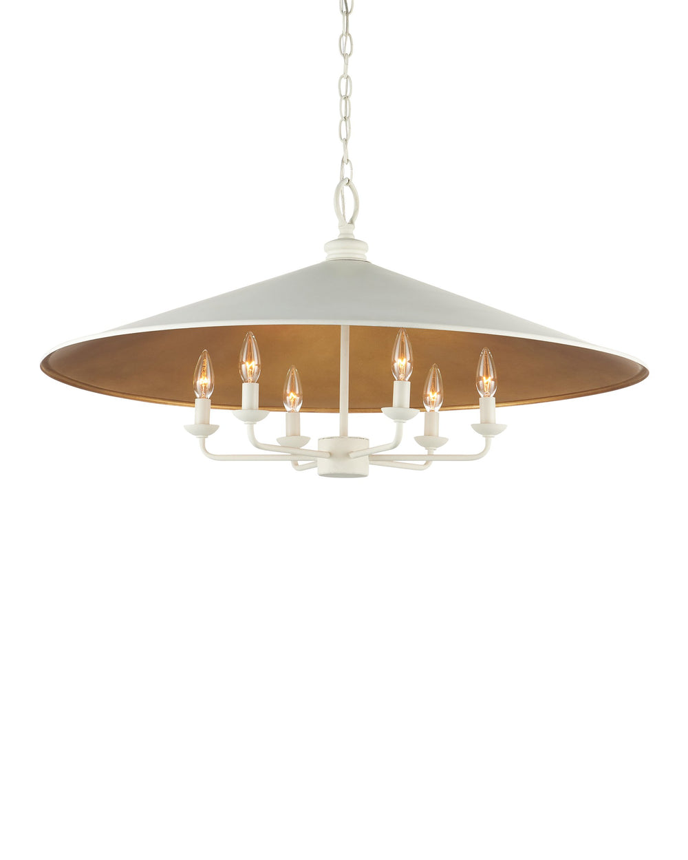 Currey & Company Brussels Asian Silhouette Chandelier White Shade Gold Leaf Interior Six Light Dining Room 9000-1343