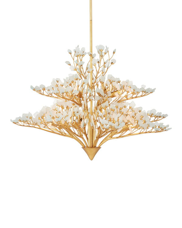 Currey & Company Fiorella Gold Leaf Floral Chandelier Frosted Seaglass Arms Dimmer Compatible 12 Light 9000-1344