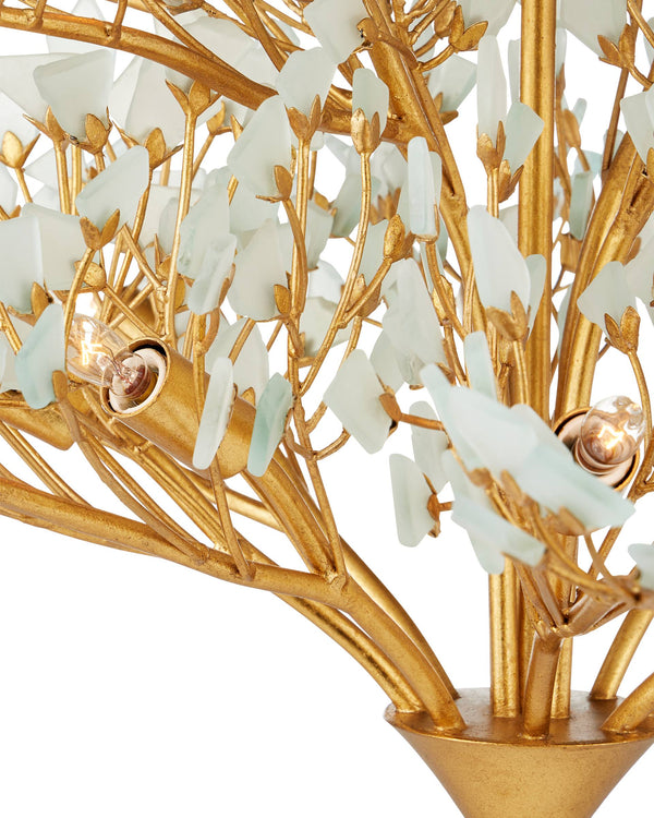 Currey & Company Fiorella Gold Leaf Floral Chandelier Frosted Seaglass Arms Dimmer Compatible 12 Light 9000-1344