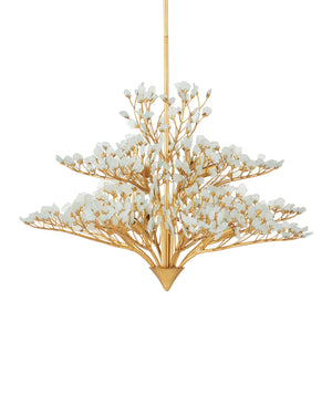 Currey & Company Fiorella Gold Leaf Floral Chandelier Frosted Seaglass Arms Dimmer Compatible 12 Light 9000-1344