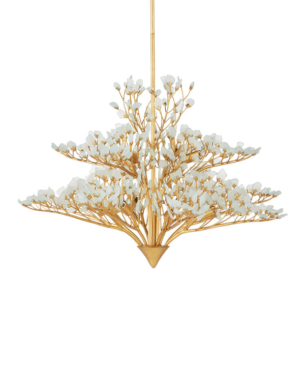 Currey & Company Fiorella Gold Leaf Floral Chandelier Frosted Seaglass Arms Dimmer Compatible 12 Light 9000-1344