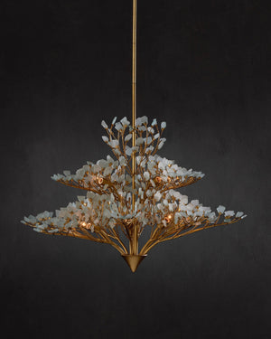 Currey & Company Fiorella Gold Leaf Floral Chandelier Frosted Seaglass Arms Dimmer Compatible 12 Light 9000-1344