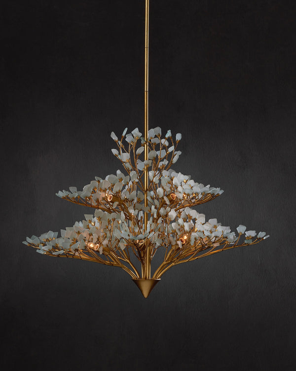 Currey & Company Fiorella Gold Leaf Floral Chandelier Frosted Seaglass Arms Dimmer Compatible 12 Light 9000-1344