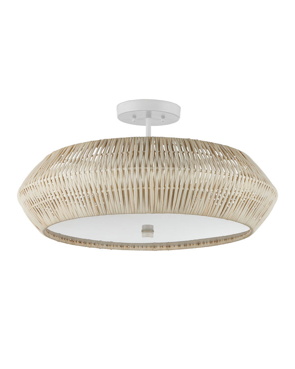 Currey & Company Antibes Rattan Semi-Flush Mount Woven Coastal Light for Dining and Bedroom Ceilings White 9000-1346