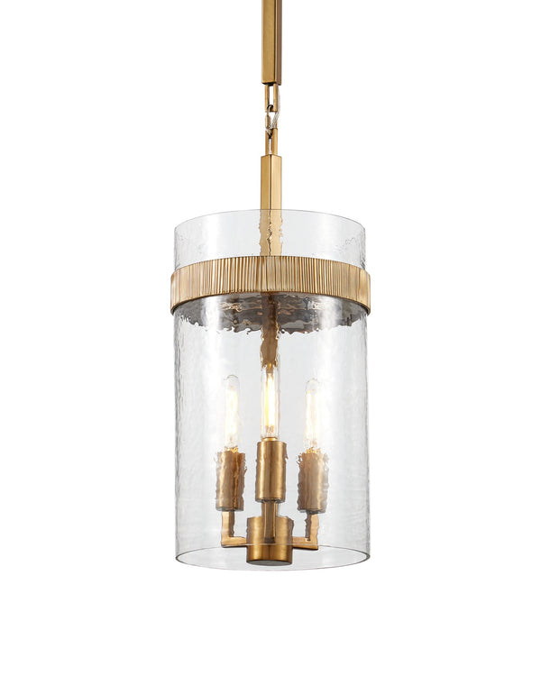 Currey & Company Sudeley Hammered Glass Cylinder Pendant Light with Satin Brass Band for Kitchen Islands 9000-1348