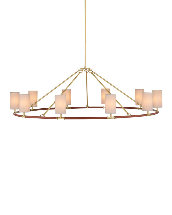 Currey & Company Ellerston Ring Chandelier Saddle Leather Wrapped Linen Shade Equestrian Glam Large 9000-1350