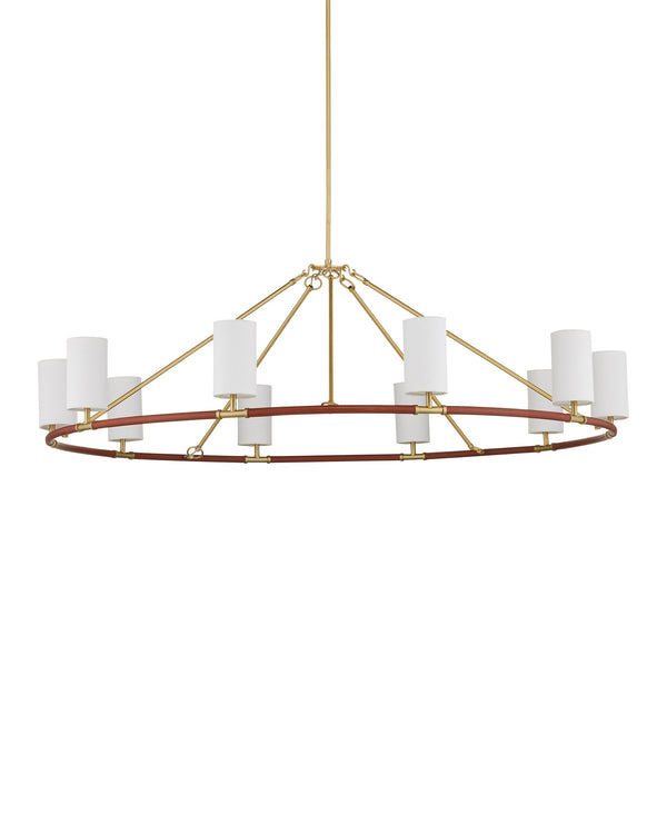 Currey & Company Ellerston Ring Chandelier Saddle Leather Wrapped Linen Shade Equestrian Glam Large 9000-1350