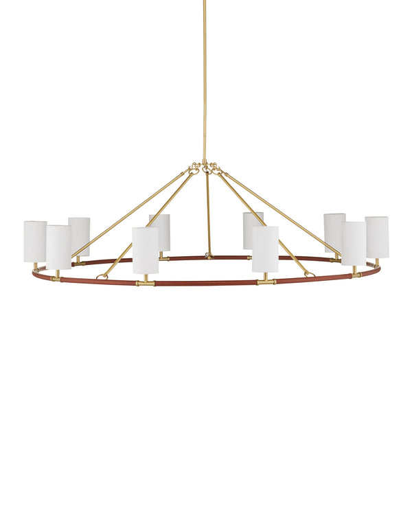 Currey & Company Ellerston Ring Chandelier Saddle Leather Wrapped Linen Shade Equestrian Glam Large 9000-1350