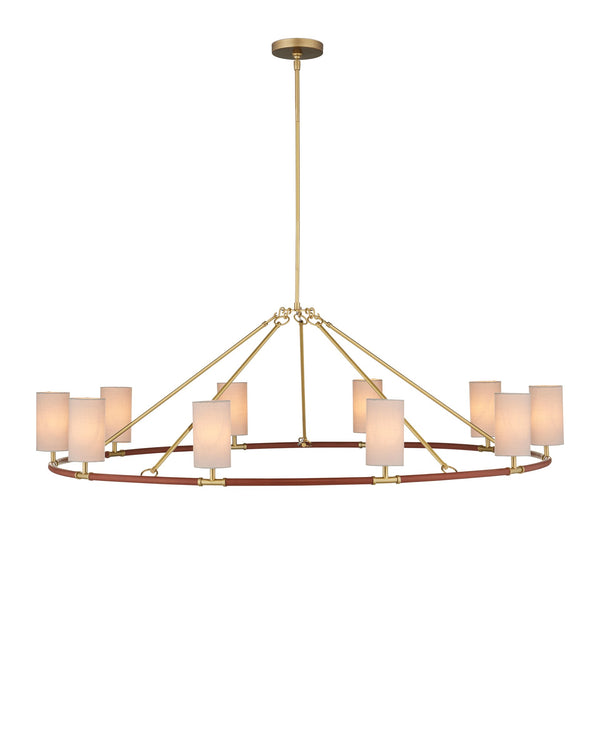 Currey & Company Ellerston Ring Chandelier Saddle Leather Wrapped Linen Shade Equestrian Glam Large 9000-1350