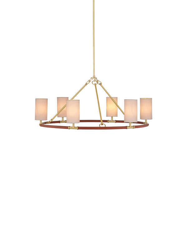 Currey & Company Ellerston Ring Chandelier Saddle Leather Wrapped Linen Shade Equestrian Glam Medium 9000-1351