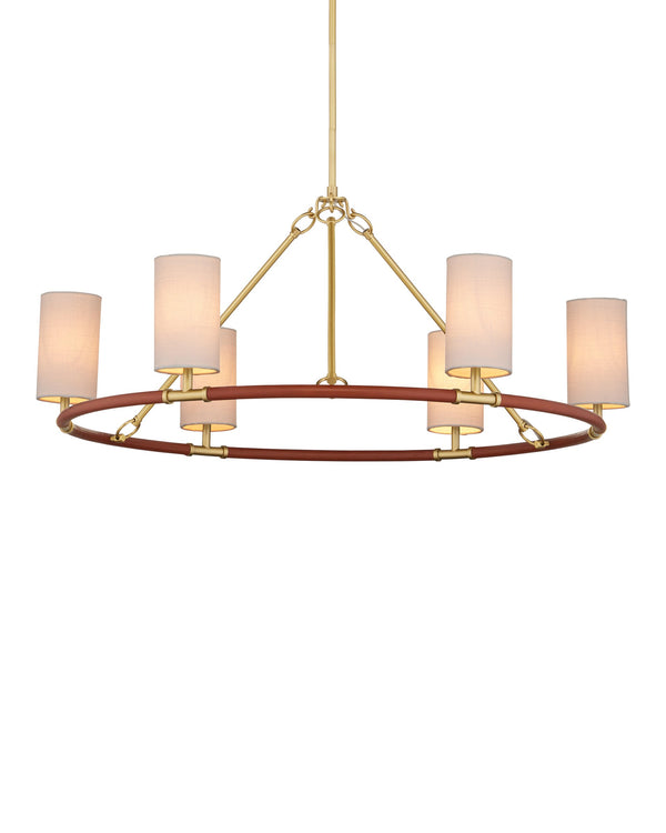 Currey & Company Ellerston Ring Chandelier Saddle Leather Wrapped Linen Shade Equestrian Glam Medium 9000-1351