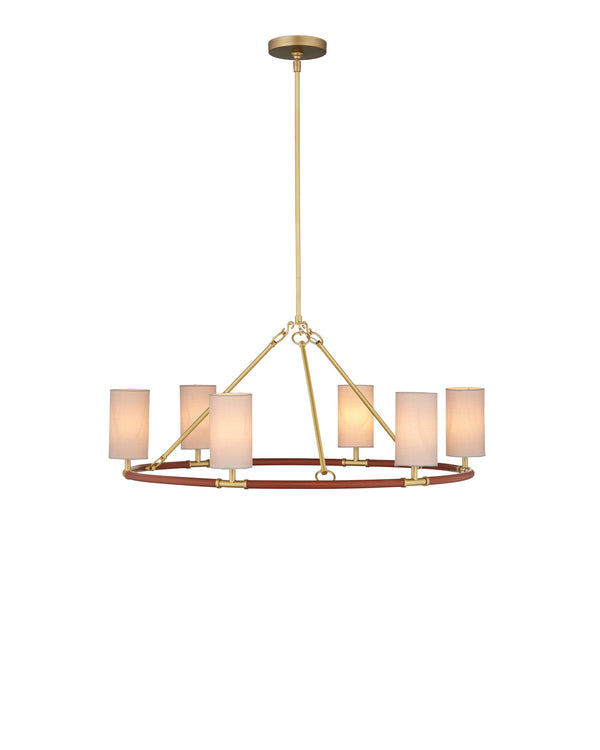 Currey & Company Ellerston Ring Chandelier Saddle Leather Wrapped Linen Shade Equestrian Glam Medium 9000-1351