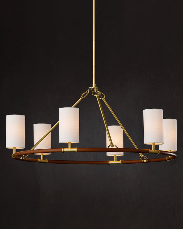 Currey & Company Ellerston Ring Chandelier Saddle Leather Wrapped Linen Shade Equestrian Glam Medium 9000-1351