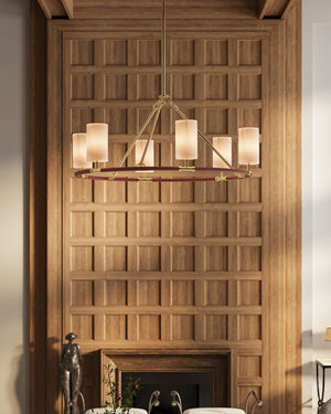 Currey & Company Ellerston Ring Chandelier Saddle Leather Wrapped Linen Shade Equestrian Glam Medium 9000-1351