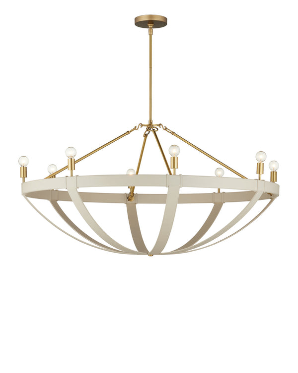 Currey & Company Barrington Cream Leather Chandelier with Brushed Brass Hardware for Dining Rooms 9000-1352