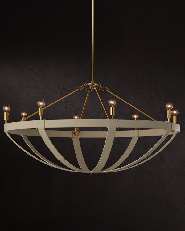 Currey & Company Barrington Cream Leather Chandelier with Brushed Brass Hardware for Dining Rooms 9000-1352