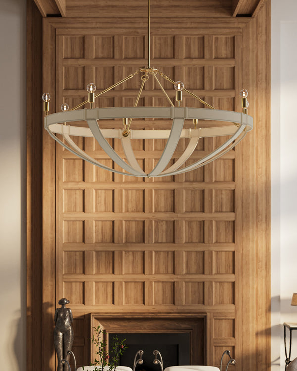 Currey & Company Barrington Cream Leather Chandelier with Brushed Brass Hardware for Dining Rooms 9000-1352