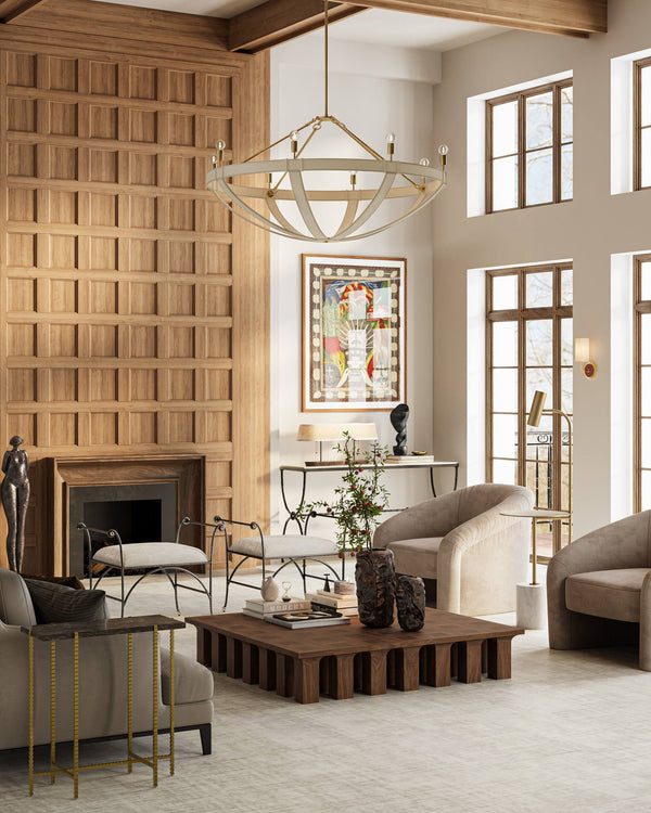 Currey & Company Barrington Cream Leather Chandelier with Brushed Brass Hardware for Dining Rooms 9000-1352