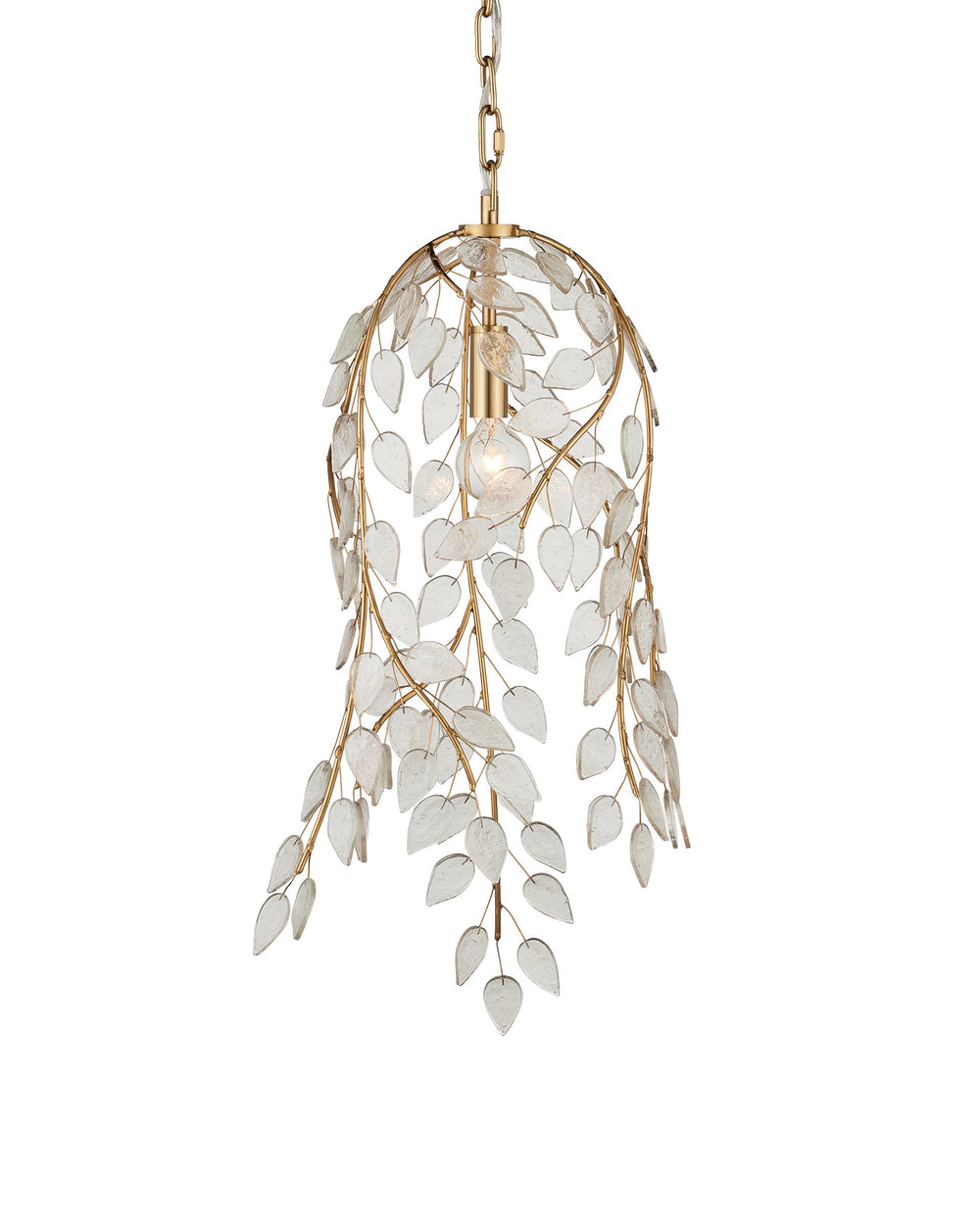 Currey & Company Banyan Forged Iron Branch Pendant Light with Glass Leaves Antique Brass Botanical Accent 9000-1354