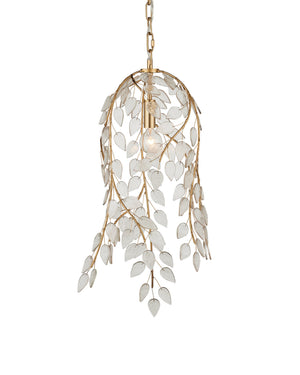 Currey & Company Banyan Forged Iron Branch Pendant Light with Glass Leaves Antique Brass Botanical Accent 9000-1354