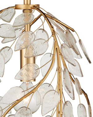 Currey & Company Banyan Forged Iron Branch Pendant Light with Glass Leaves Antique Brass Botanical Accent 9000-1354