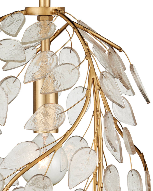 Currey & Company Banyan Forged Iron Branch Pendant Light with Glass Leaves Antique Brass Botanical Accent 9000-1354