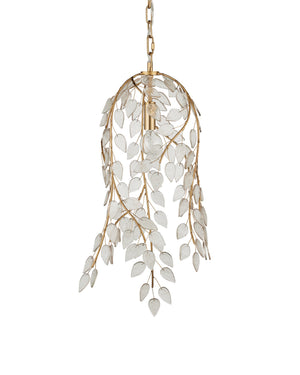 Currey & Company Banyan Forged Iron Branch Pendant Light with Glass Leaves Antique Brass Botanical Accent 9000-1354