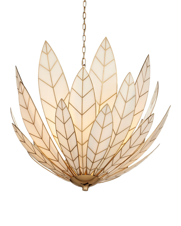 Currey & Company Lamina Currey and Company Art Deco Lotus Chandelier with Antique Brass Leaf Detailing 28"h x 35"dia. 9000-1355