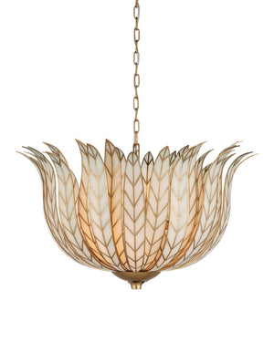 Currey & Company Lamina Currey and Company Art Deco Lotus Chandelier with Antique Brass Leaf Detailing 19"h x 28.5"dia. 9000-1356