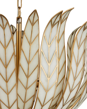 Currey & Company Lamina Currey and Company Art Deco Lotus Chandelier with Antique Brass Leaf Detailing 19"h x 28.5"dia. 9000-1356