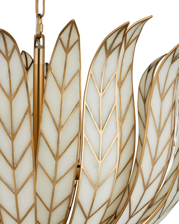Currey & Company Lamina Currey and Company Art Deco Lotus Chandelier with Antique Brass Leaf Detailing 19"h x 28.5"dia. 9000-1356