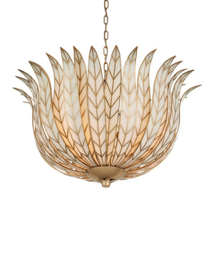 Currey & Company Lamina Currey and Company Art Deco Lotus Chandelier with Antique Brass Leaf Detailing 19"h x 28.5"dia. 9000-1356