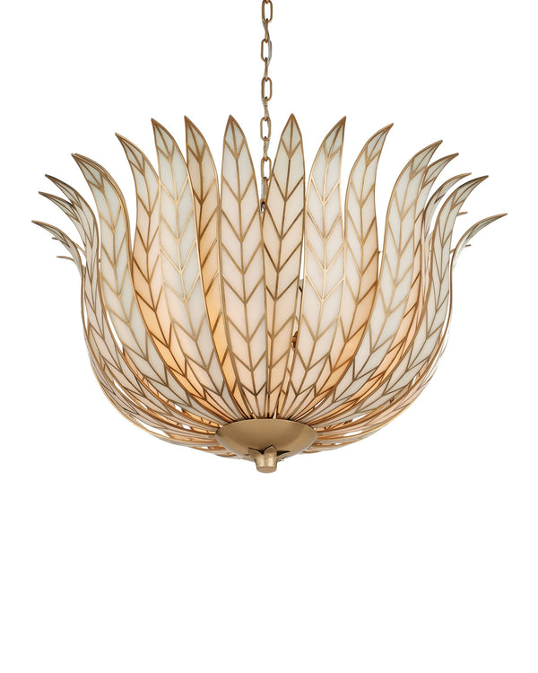 Currey & Company Lamina Currey and Company Art Deco Lotus Chandelier with Antique Brass Leaf Detailing 19"h x 28.5"dia. 9000-1356