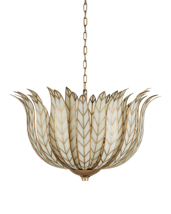 Currey & Company Lamina Currey and Company Art Deco Lotus Chandelier with Antique Brass Leaf Detailing 19"h x 28.5"dia. 9000-1356