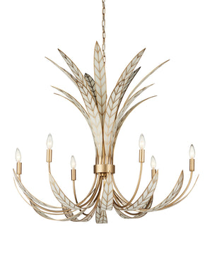 Currey & Company Foliatura Lotus Leaf Art Deco Chandelier with Antique Brass and Off-White Finish 9000-1357